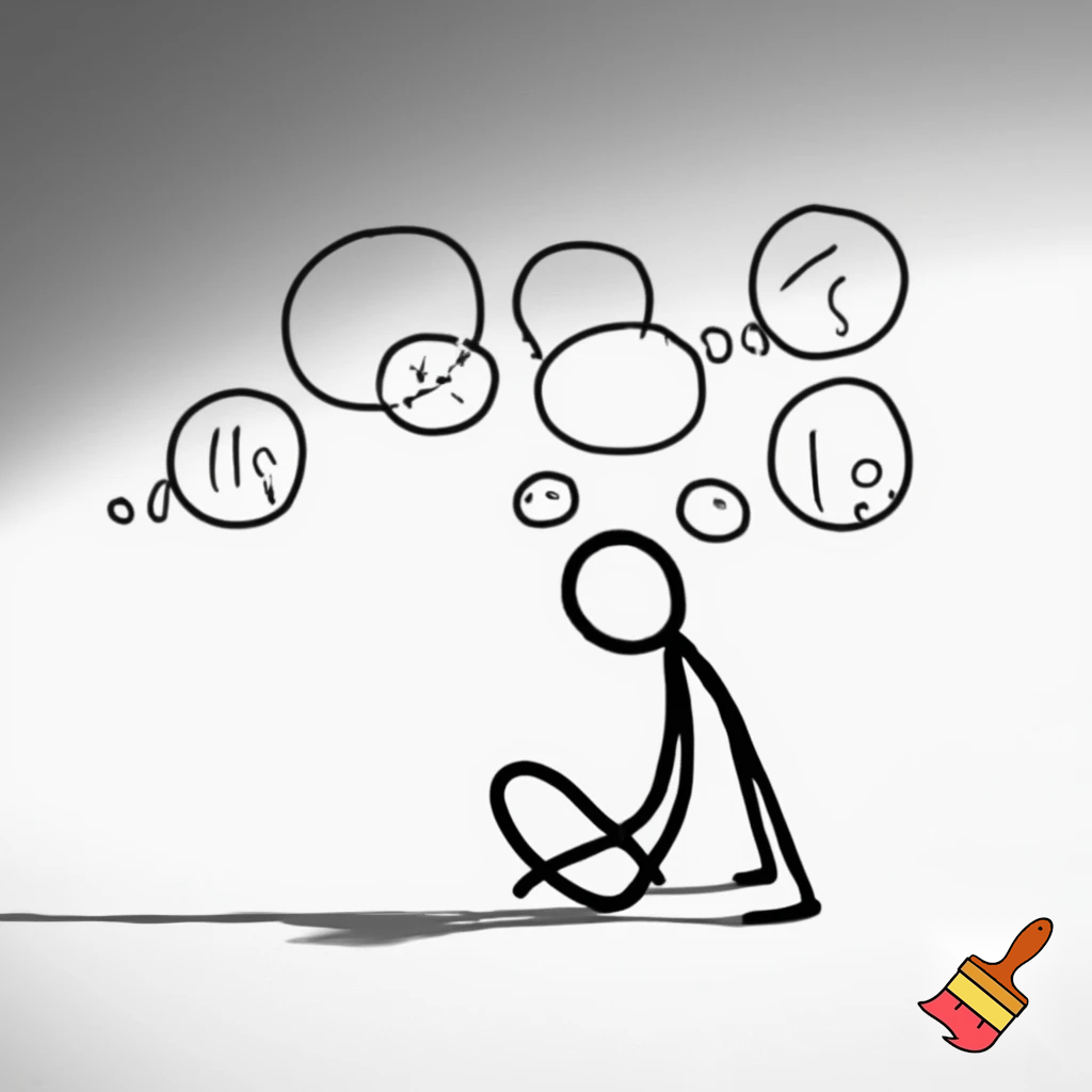Hook / Brain thinking

Minimalist stick figure sitting, thinking with multiple thought bubbles above head, black and white, xkcd-style, simple cartoon illustration