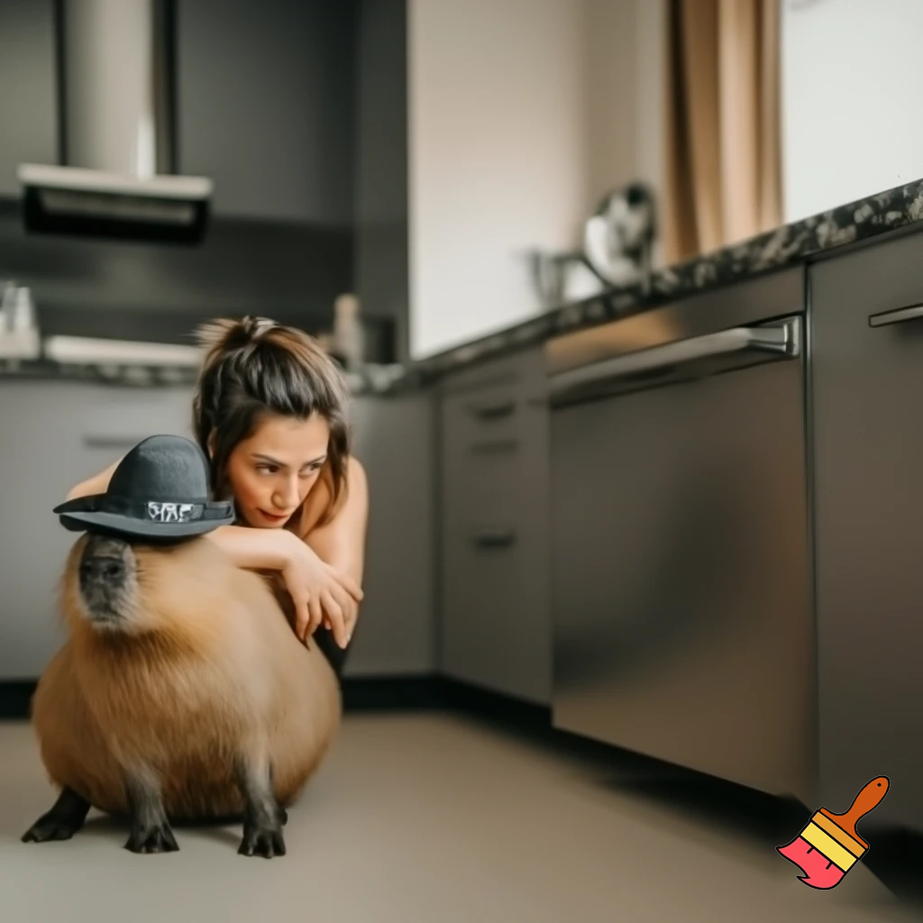 a woman is mad at the capybara in a hat


