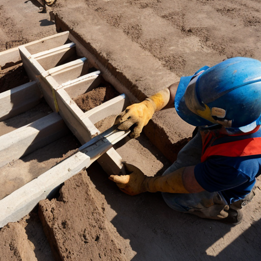 Reinforcement for a slab and bricklaying, African context with steel workers tying the rebar. High definition image