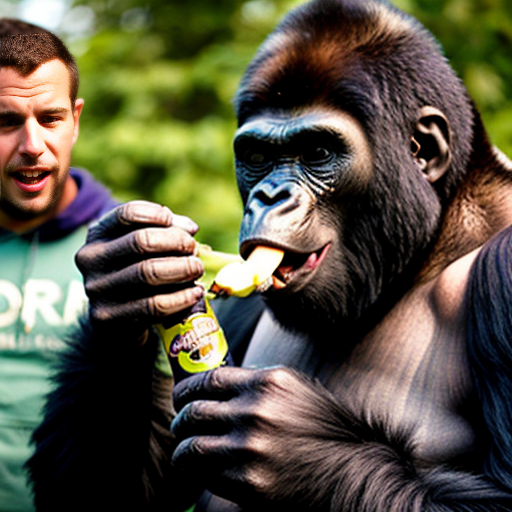 a purple male with glasses and buckteeth eating a banana, a gorilla is in the background looking angry as it was his banana, there is an alien with glasses and holding a green can that says a beer