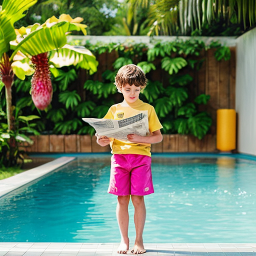 A serious cartoon child in a yellow shirt and pink shorts stands barefoot by a swimming pool, reading a paper, surrounded by tropical plants.