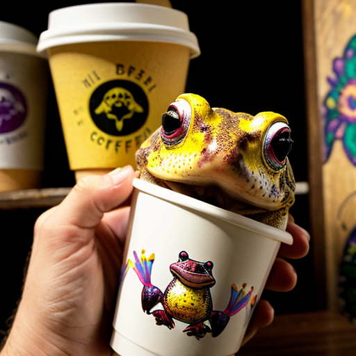 A hillarious, funny boho toad with some hippie colored coffee cups. Psychedelic decorated background, hyperrealistic. Close-up view.