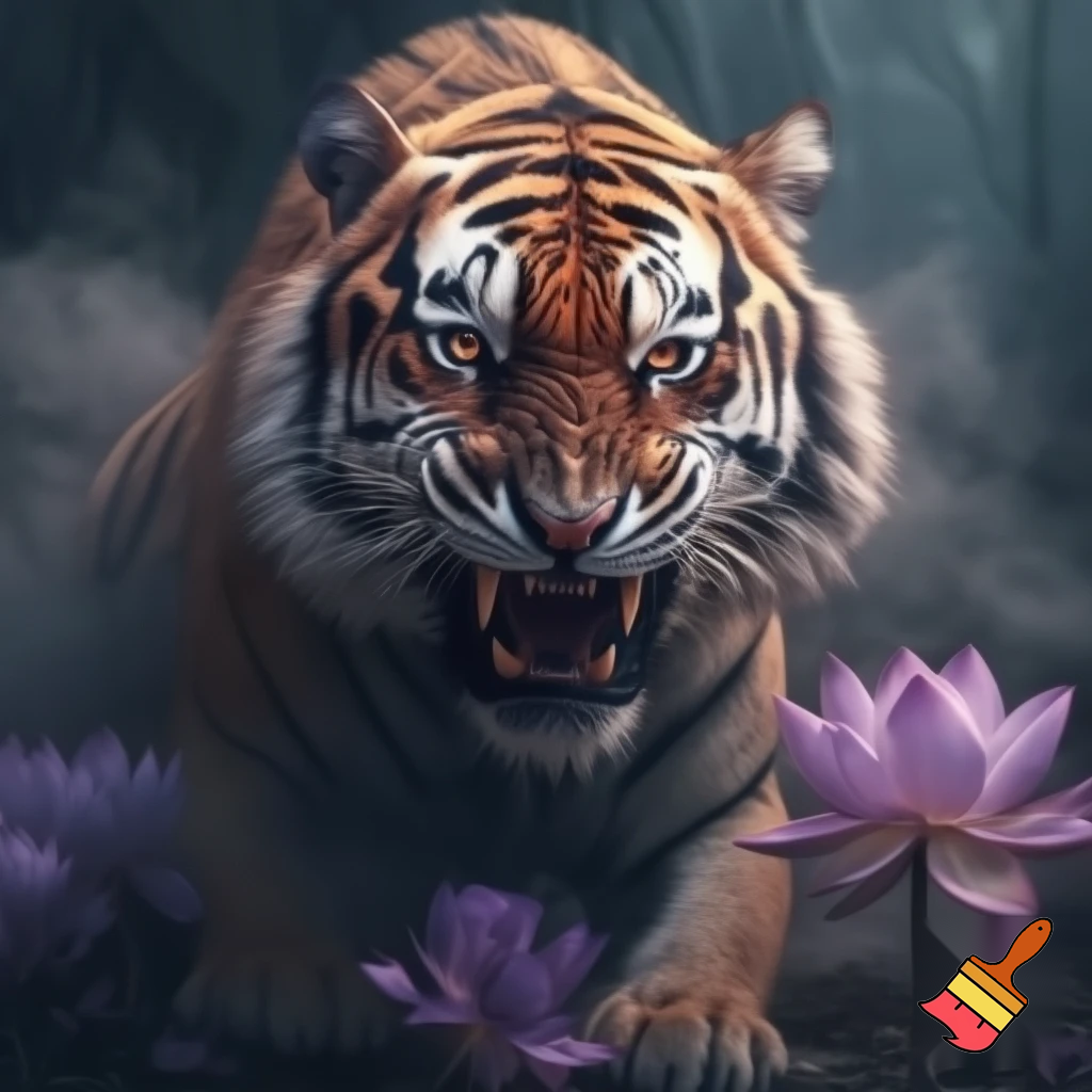 Tiger barring teeth with purple lotus flowers