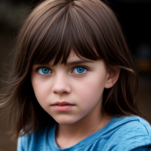 A girl with long brown hair blue eyes that looks kinda like storm boy about 10 years old 