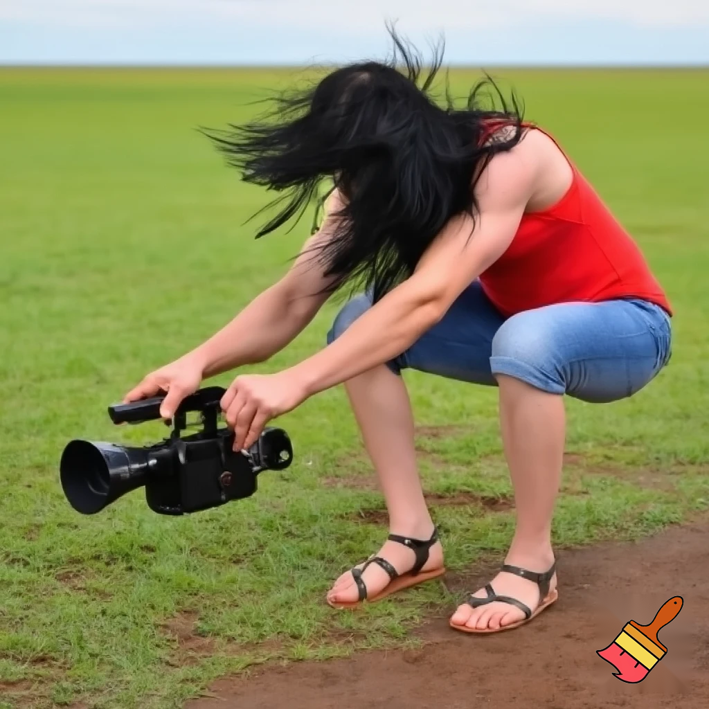 A cute and muscular black-long-and-side-swept-banged-haired fair white woman with arriflex digital camera and wearing red tank top and woman's blue short jeans and putting the sandals on her feet is filmming the plains of the Serengeti in Tanzania.
