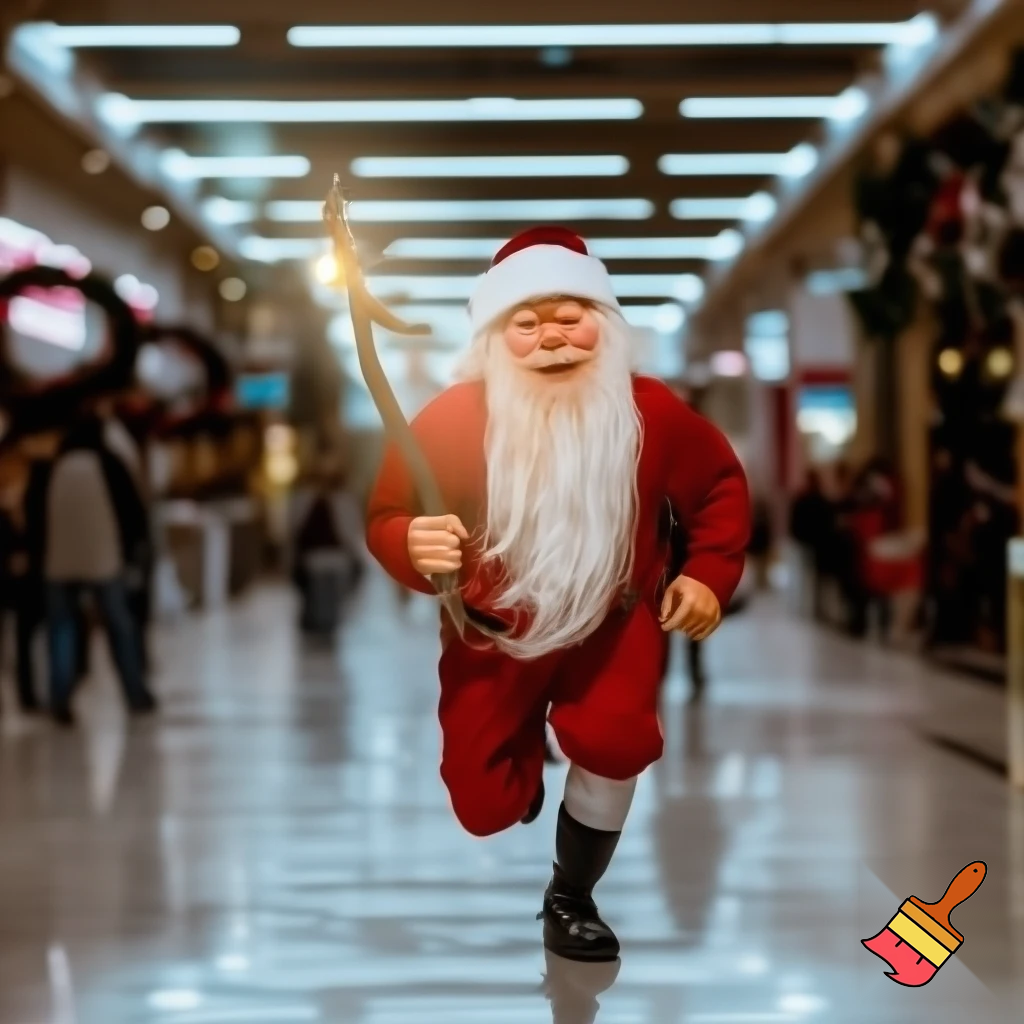 Santa Claus running with the walking stick running with his magic walking stick walking in the shopping centre with the walking stick magic staff walking stick affectation