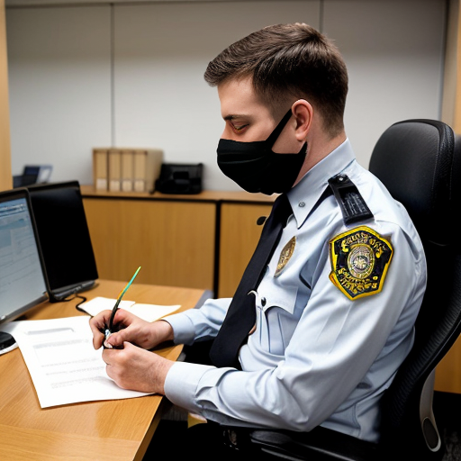 在公安机关办公室，一个穿着白色警察制式衬衫的绘画木偶（面部空白无五官）坐在办公桌后低头看手机。办公桌前站着两个穿着深色常服的绘画木偶（面部空白无五官），一个手持文件，另一个双手自然下垂。镜头角度为从侧前方平拍。图片风格为写真，比例为1:1