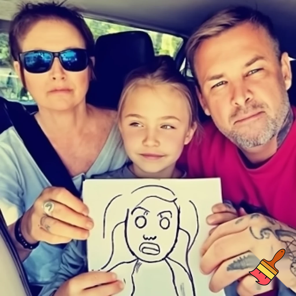 Draw a family 4 a dad with tattoos 7 year old sister 13 year old brother and the mum has tired under eyes in a car

