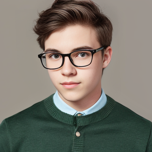 Ein Bild von einem jungen Mann der ne Brille hat ne schwarze Brille. Runde Brille hat braune Haare als Mittelscheitel glatt ein grün blauen Sweater und er hat die Hautfarbe weiß.