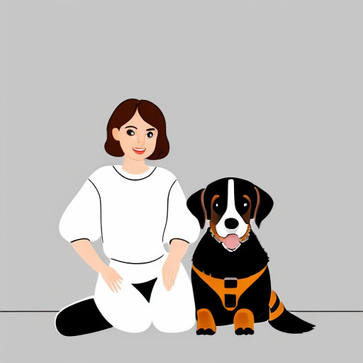 una ragazza con i capelli mossi e marroni e gli occhi azzurri vicino a un cane bovaro del bernese pelosissimo. vestiti techno .sopra la foto scrivi giulia e rock