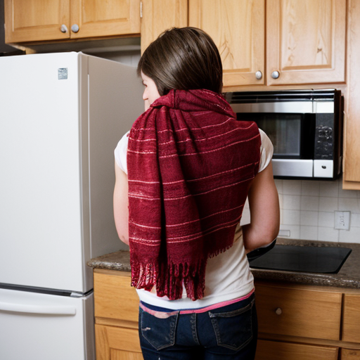 Back shot, close, A 14 year old standing. Her hands dried in mud. Wearing a scarf. Standing near kitchen counter.