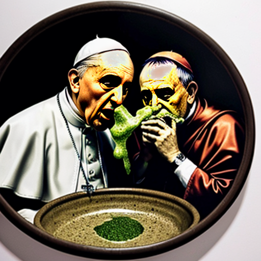 Pope Francis (left) and Pope Leo XIV (right) vomiting, green and snotty vomit from their streched mouths, and into the same bowl (center), dark, gritty, realistic


