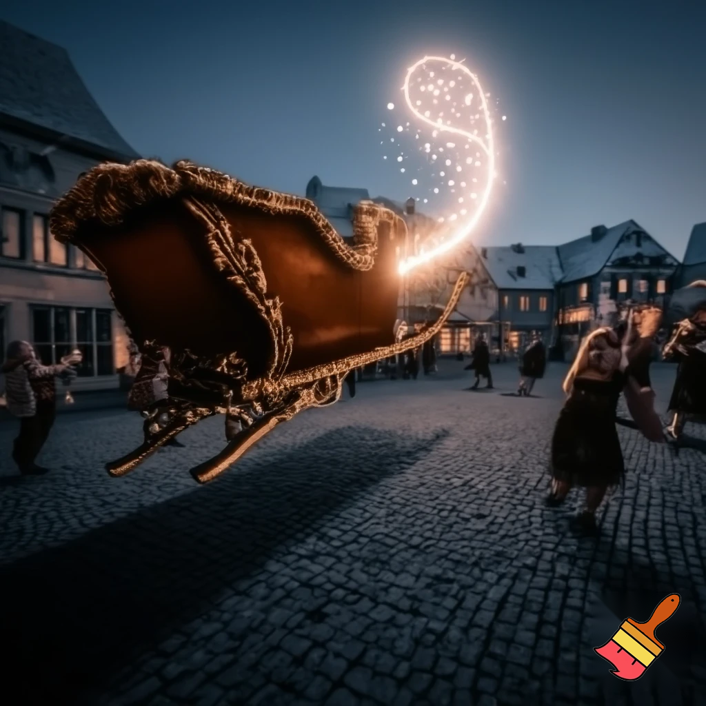 Un traineu  de noël qui vole tout  seu lance de la musique  et tout  le  monde  danse  du village