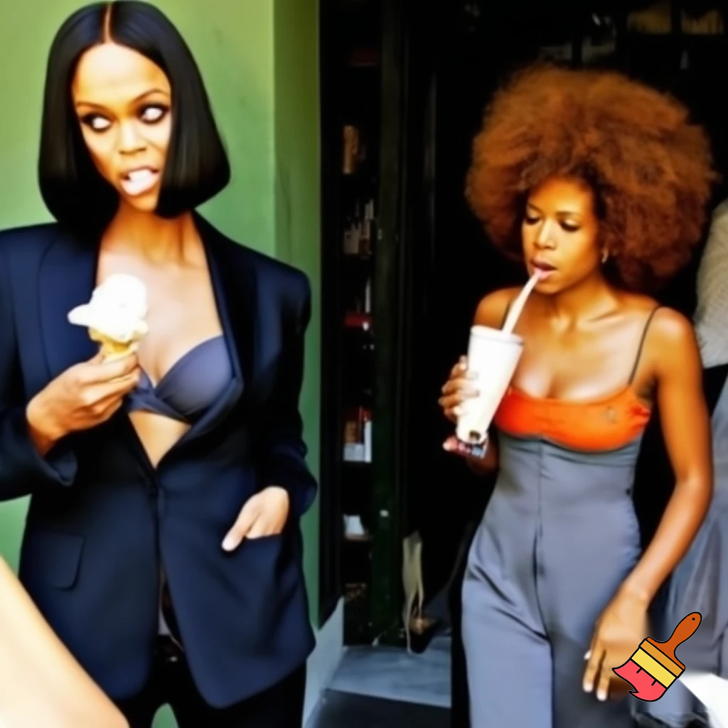 Tyra Banks and Kelis filming a commercial behind the scenes on the image Tyra Banks has a black sleek middle part bob hair wearing a black suit and a grey bra eating ice cream and Kelis has a voluminous curly brown hair Afro wearing a grey jumpsuit and orange camisole drinking milkshake 