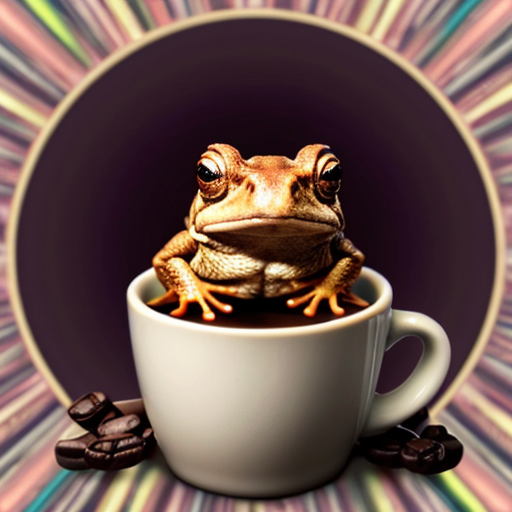 A hillarious, funny boho toad with some hippie colored coffee cups. Psychedelic decorated background.