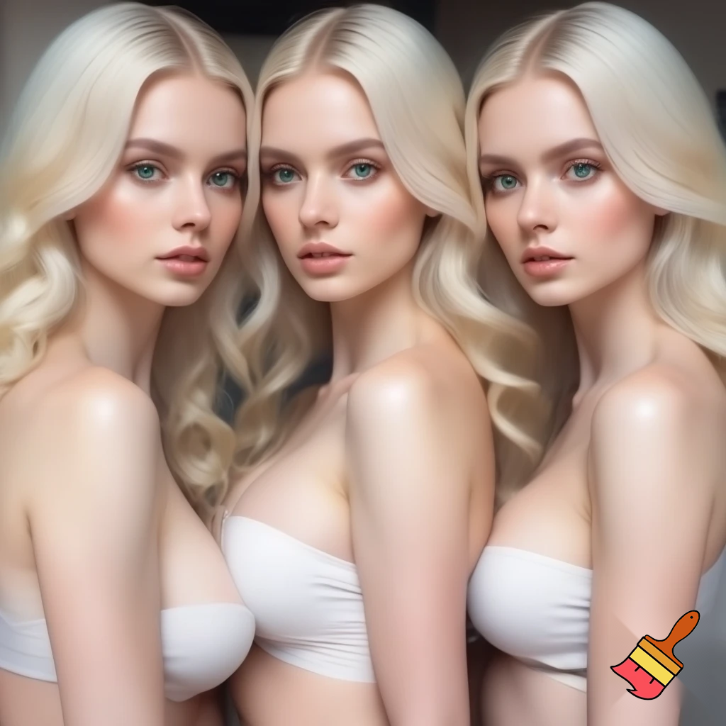 Make a hyper realistic photo of identical triplets who are beautiful, attractive women in their early 20s. They should have white skin, long blonde hair, green eyes, and a big bust.