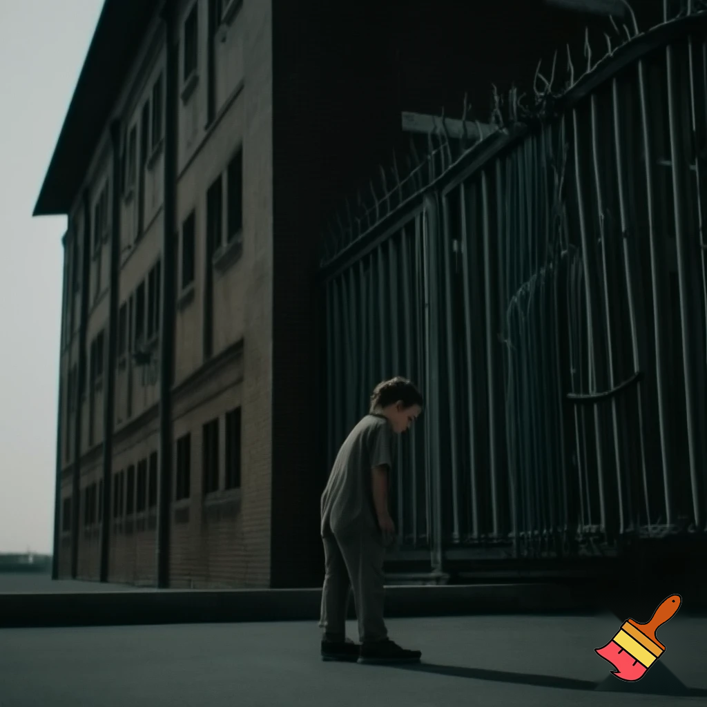 A boy is outside of the gates of his new school and he scared and school looks like prison