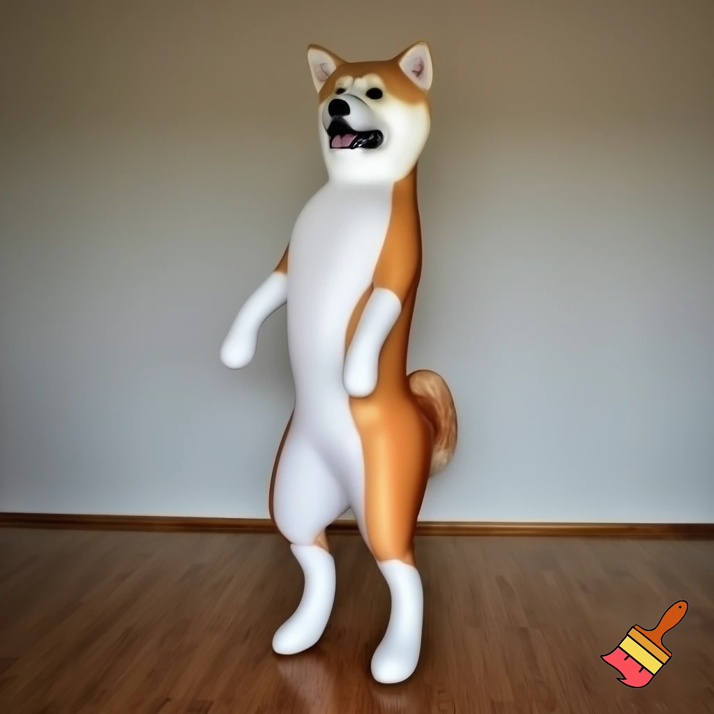 Realistic, inflatable replica of the Akita inu dog presented in bipedal, standing upright on two hind legs located in the empty living room. 