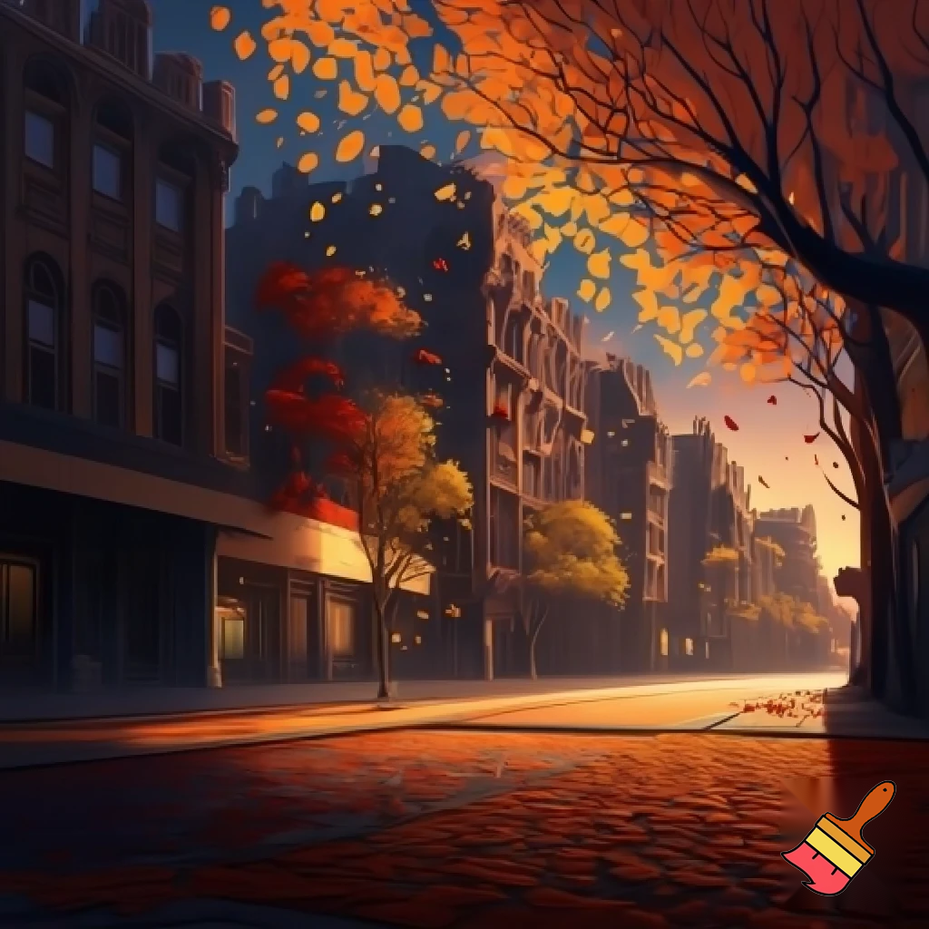 crea una imagen de un paisaje otoñal de una calle de una ciudad