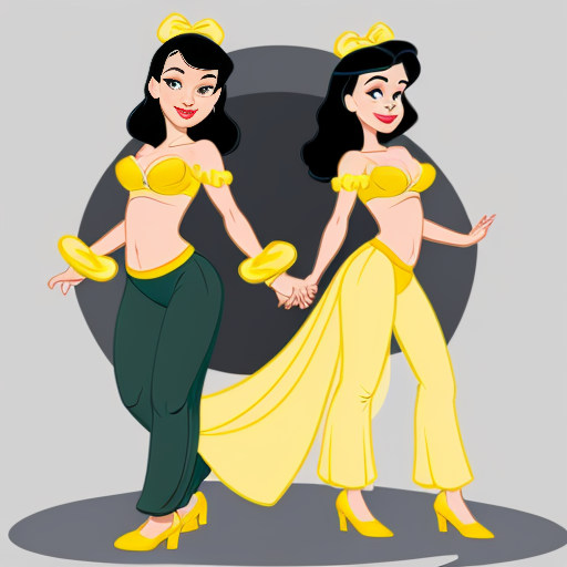 90's disney's 2d style black background and of tiana with dark green harem pants and bra and curved slippers conjoined by the belly of snow white with yellow harem pants and yellow bra and yellow curved slippers both gives a smile and winking their left eye 