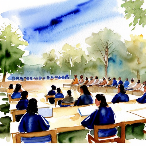 “large university campus full of students in ancient robes, discussion, learning, vibrant environment”