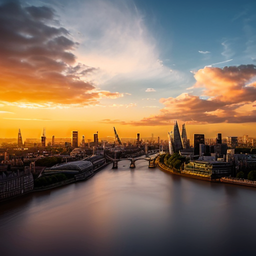 make the skyline of london with a sunset and fluying clouds in the sky