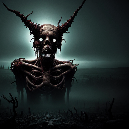 A highly detailed, dark surreal scene featuring a menacing demon amidst a gruesome landscape of decaying corpses, with visceral body horror elements, twisted organic forms, and a haunting, ominous atmosphere, illuminated by eerie, unnatural lighting.