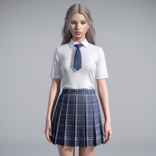 超写实3D服装渲染，无模特，正统JK制服套装平铺悬挂展示，白色基础水手服上衣，经典格纹百褶裙，配套藏青色领结，真实面料质感，纯棉布料纹理，聚酯纤维格纹清晰可见，金属纽扣反光自然，领结丝带光泽，裙摆自然褶皱垂坠感，缝线针脚细节，专业商业影棚打光，均匀柔光无阴影，纯白无缝背景，产品居中构图，8K超清，PBR材质，OC渲染器，商业电商主图，无任何人物