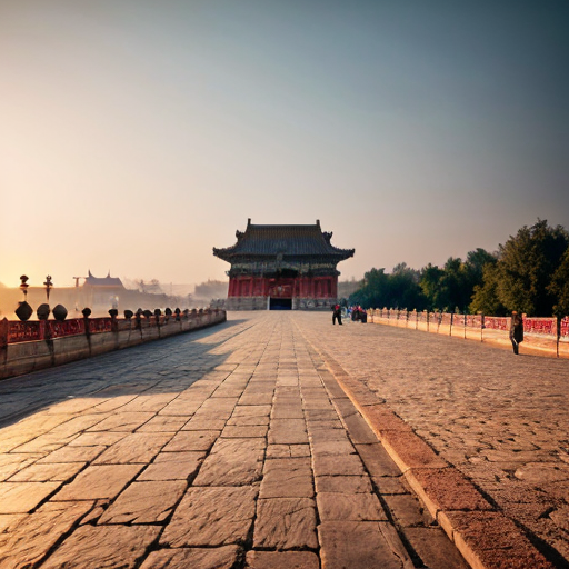 Prompt (single paragraph): Ultra-soft, dreamy depiction of an early-morning Forbidden City courtyard wrapped in pale golden mist, empty stone pathways, glowing red palace walls, faint lantern light, calm sky, gentle dust motes floating in sunlight, no people, serene, meditative atmosphere; style: hyperrealistic watercolor with soft edges; lighting: warm diffused dawn light; aspect ratio 16:9; cinematic stillness, tranquil historical ambience.
