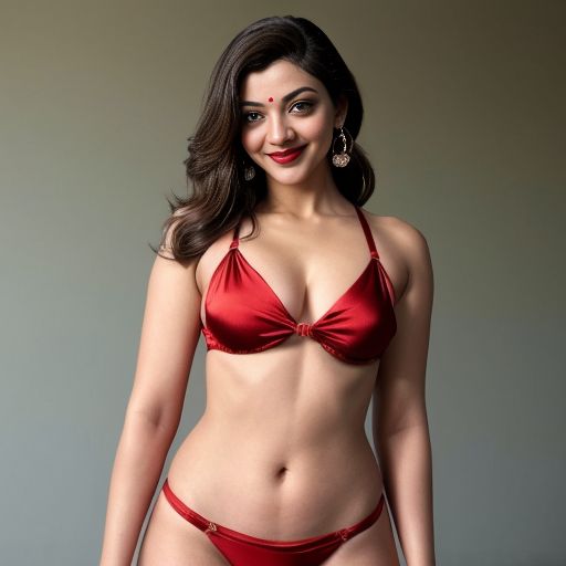 imagine Kajal Aggarwal , same body tone , same body proportions in Brazilian bikini costume with thin strap black bikini brassiere and stringed underwear, red silk  draped bottomwear, no jewelleries, with earring, remove metal hip ornaments ,  CURVY  BODY , chignon hairstyle  , red lipstick, calm expression , standing in classroom . Hands above head , wrists crossed