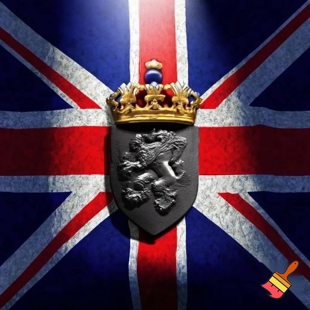BRITISH FLAG WITH A TINY IRON SHIELD WITH A LION WITH A GOLDEN CROWN, 



