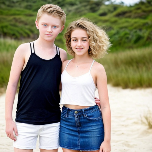 A girl who is 16 with brunette hair with lighter highlights and she has beach curls .she also has brown eyes  She is wearing a white mini dress with thin straps. There is her brother a 14 year old boy the same height as her and he has curly brunett hair and brown eyes. He is wearing a white shirt and blue jeans. There is another girl who is 10 and she is wearing a pink tank top with a white mini skirt she also has blonde hair and blue eyes .she is shorter than both of the other people.They are all siblings. Also make it look like a realistic photo