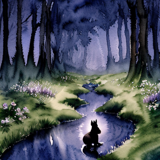 Kouzelná večerní scéna, lesní mýtina v noci, z potoka vychází jasná modrá záře. Malé štěně stojí na okraji louky, fascinovaně sleduje světlo. Magická atmosféra, modré a fialové odstíny, detailní ilustrace. Pohádkový akvarel.