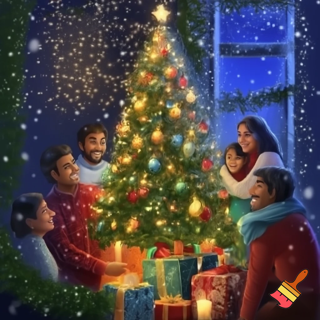 A warm and festive Christmas scene featuring a beautifully decorated Christmas tree with glowing lights, colorful ornaments, and wrapped gifts beneath it. A happy Indian family dressed in cozy winter clothes is gathered together, smiling and celebrating. The home is decorated with garlands, candles, and twinkling fairy lights. Through the window, gentle snowfall can be seen outside, creating a magical holiday atmosphere filled with joy, love, and togetherness.