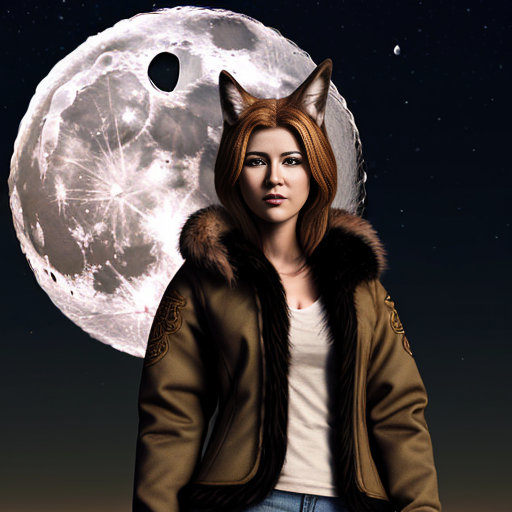 pathfinder female standing in front of the moon. detailed background. high quality. wolf ears. fur clothing.