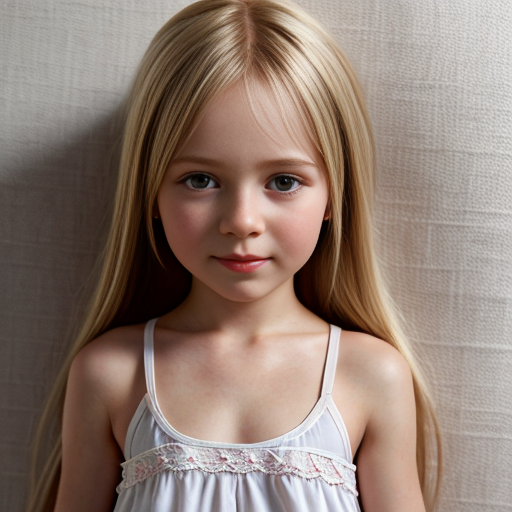 russian little girl, blonde long hair, nightdress, bedroom background, close up view