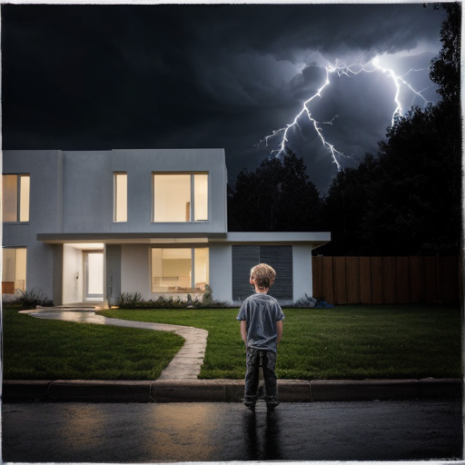 storm boy next to a modern house