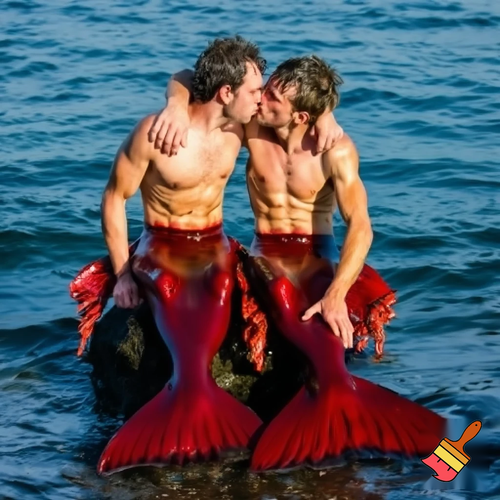 Outdoor photo of realistic shot of two caucasian mermen sitting together on a rock in the middle of the ocean, with one merman having his arm around the other. Their bodies are toned and muscular, with narrow waists and wide shoulders. They have short wet and messy hair. Their bodies are dripping wet. Their waists merge seamlessly into long, deep scarlet fish tails with large frilly fins. They are looking into each others eyes. They are kissing passionately.