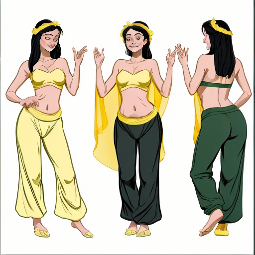 90's disney's 2d aladdin style comic black background and panels of panel 1 tiana with dark green harem pants and bra and curved slippers with both hand palms place together and hiding the bottom of her mouth with a dark green veil wrapped around her arms and attached to her head. 
panel 2 she danced with dark green harem pants barefoot with dark green bra and dark green curved slippers dark green veil wrapped around her arms and shoulders and raising legs and bounced up and down her belly and shook her hips left and right. 
panel 3 as tiana with dark green harem pants and bra and dark green curved slippers and spreading her arms, happily revealing her face to the viewer and giving a smile as she turns around shook her butt left and right. 
Panel 4 as tiana  with dark green harem pants and bra and dark green curved slippers started to fading away , except her belly, which is bouncing around. 
Panel 5 then the ball transforms into the fading in belly of snow white  with yellow harem pants and yellow bra and yellow curved slippers and a yellow veil wrapped around her arms and shoulders with her swaying her hips. 
Panel 6 snow white  with yellow harem pants, yellow bra, yellow curved slippers and yellow veil wrapped around her arms and shoulders gives a smile and winking her left eye 