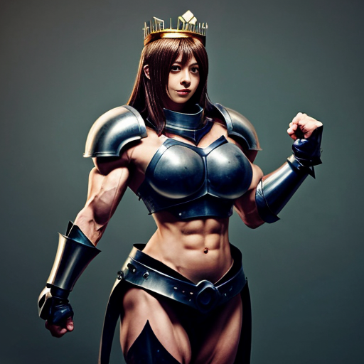 cute anime girl, huge muscles, she is a knight, she wears metal gauntlets, metal greaves and shoulder pads, she has a breastplate, her defined abs are exposed as well her upper arms, she has a tiara that has crown features
