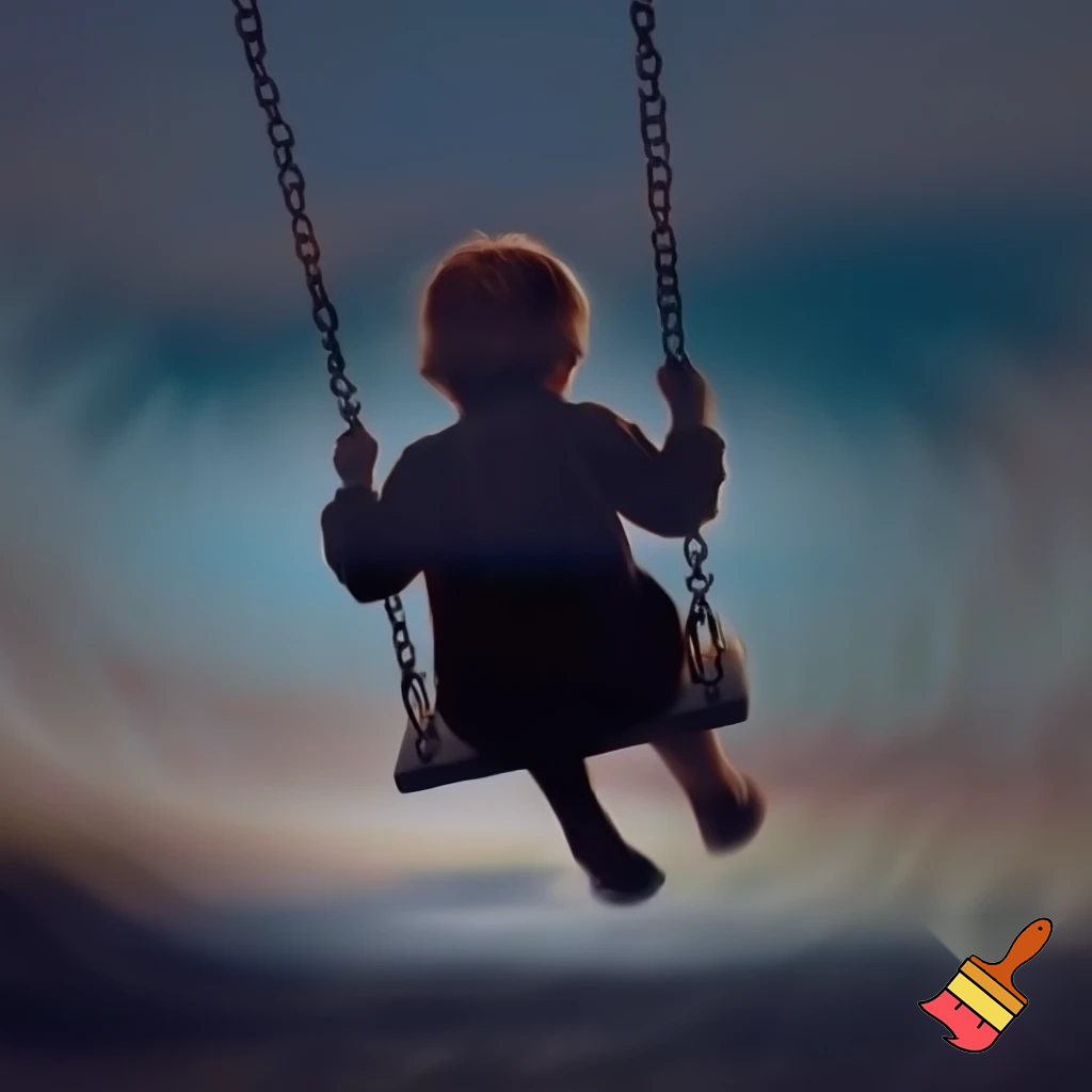 a small child swinging on a swing facing away from me, distorted image
