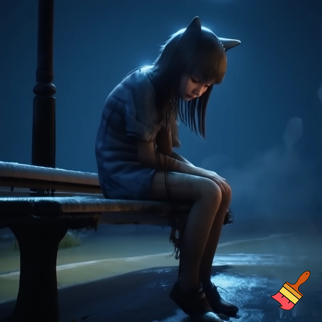 “3D cinematic shot of the cat-girl sitting on a street bench under a dim streetlight, drenched clothes, soft raindrops on fur, eyes downward, emotional mood, dark blue night tone, high detail, same character face and dress.”
