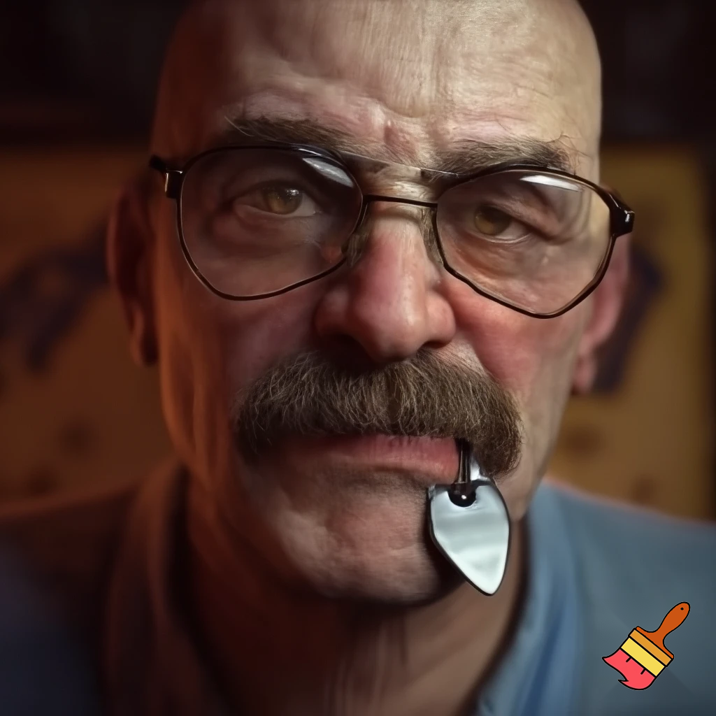 A dad with glasses and a moustache with a pick in his mouth