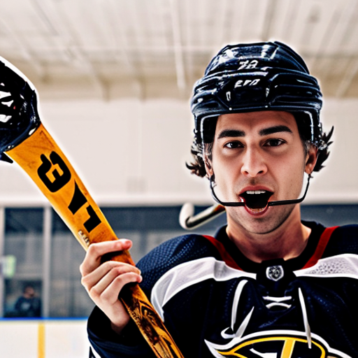 hawk with a hockey stick in his mouth