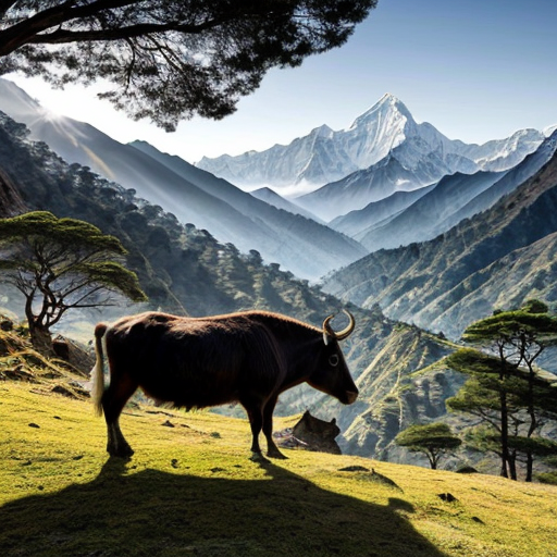 “A realistic painting of the Nepal Himalayas, featuring a yak and chyangba in traditional style, vivid colors, sunlight highlighting the mountains, ultra-detailed, 100% hand-painted look, professional digital painting style