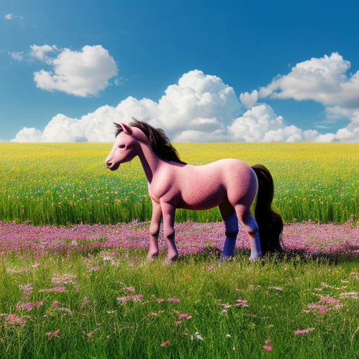 Beautiful pink pony with blue sky and cloud in a green meadow with flowers
