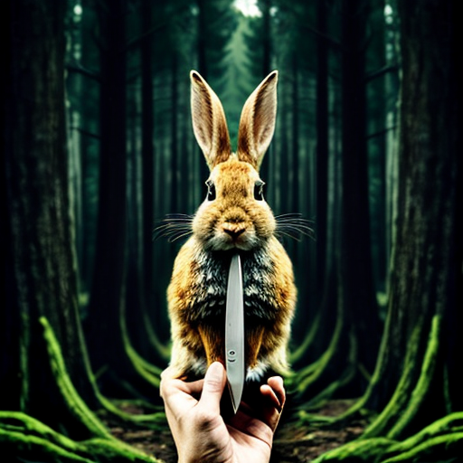 European rabbit, holding knife, dark forest, evil,