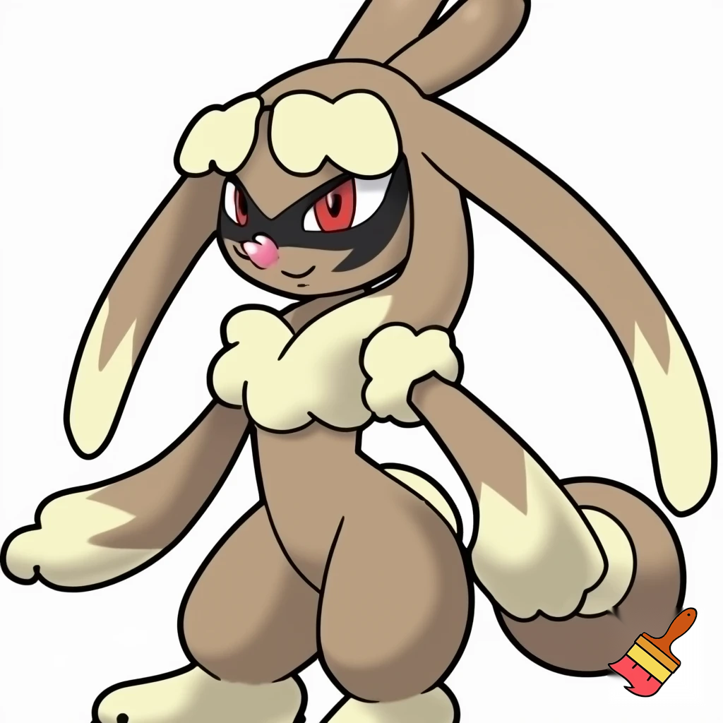 Lopunny is a graceful, anthromorphic bipedal rabbit Pokémon with a soft brown body, long, fluffy cream-colored fur on its ears, wrists, and lower legs, and distinctive large "eyebrow" tufts. It has red eyes with black markings, a small pink nose, and a short, round tail, often grooming its prominent ears and delivering powerful kicks Slender, half anthro girl humaniod rabbit-like, standing upright. tails sonic fusion