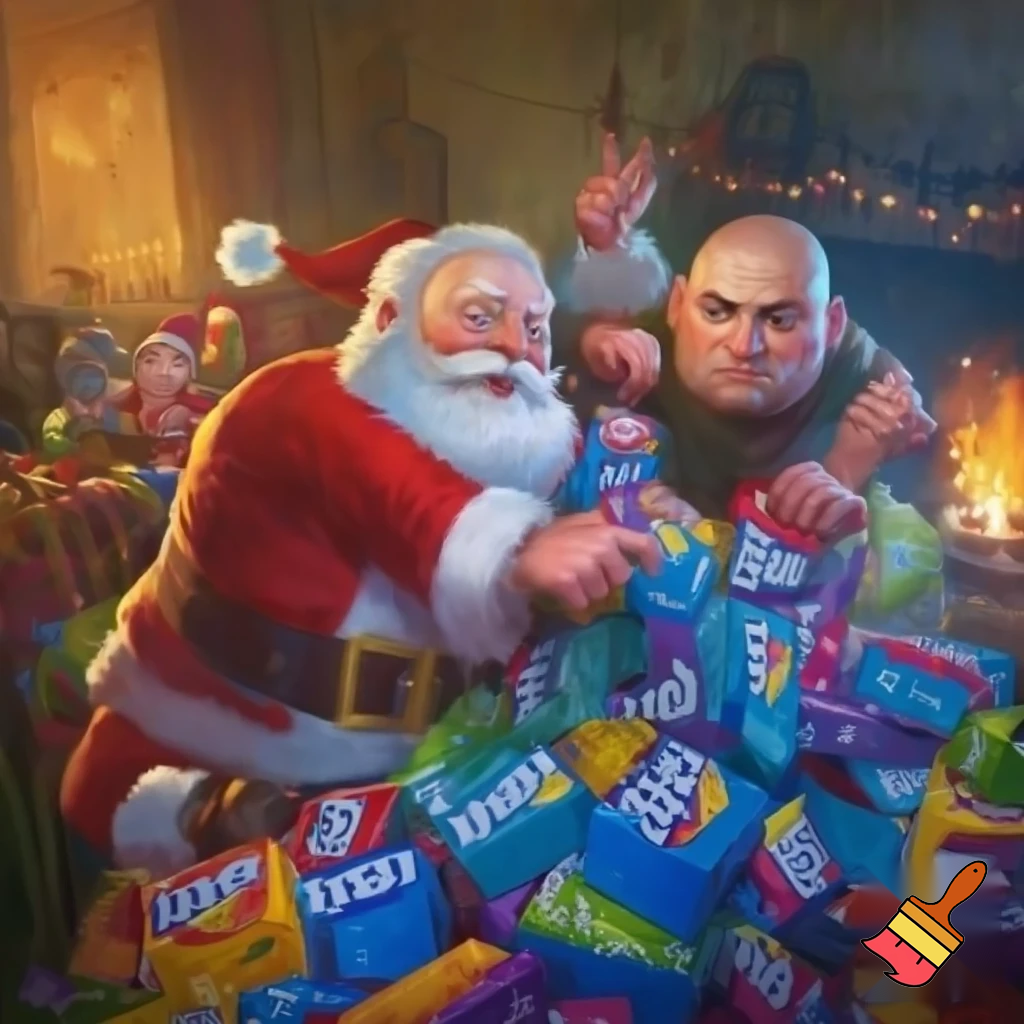Santa and a bald man fighting over nerds the candy
