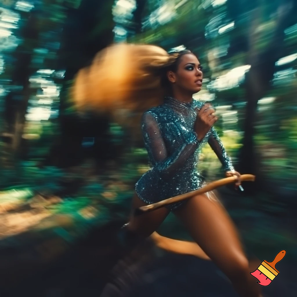 Beyonce with honey blonde slick ponytail runnning blurry photo with a diamond bodysuit chasing with a stick angry trough the woods